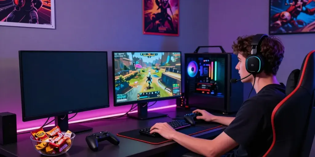 Engaged gamer utilizing rokok88 link in a vibrant gaming setup.