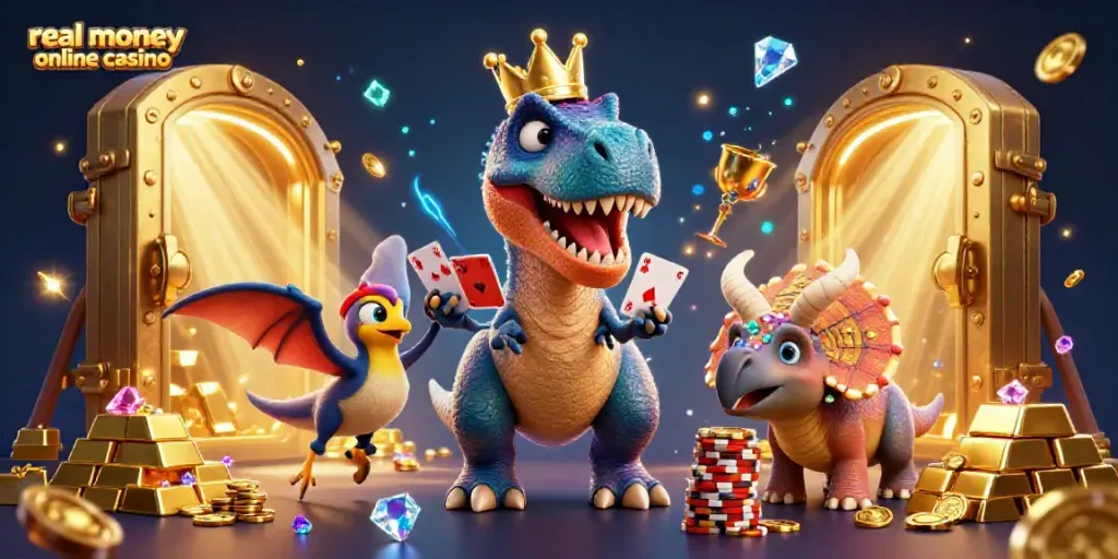 Engage in an exciting real money online casino scene with vibrant characters and treasures.
