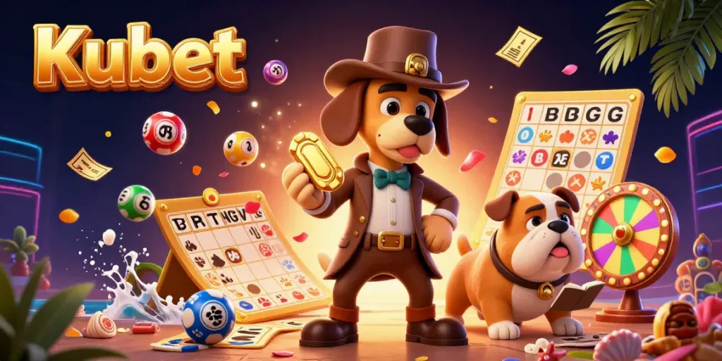 Kubet casino scene with a detective bloodhound and bulldog investigating treasure, vibrant game elements surround them.