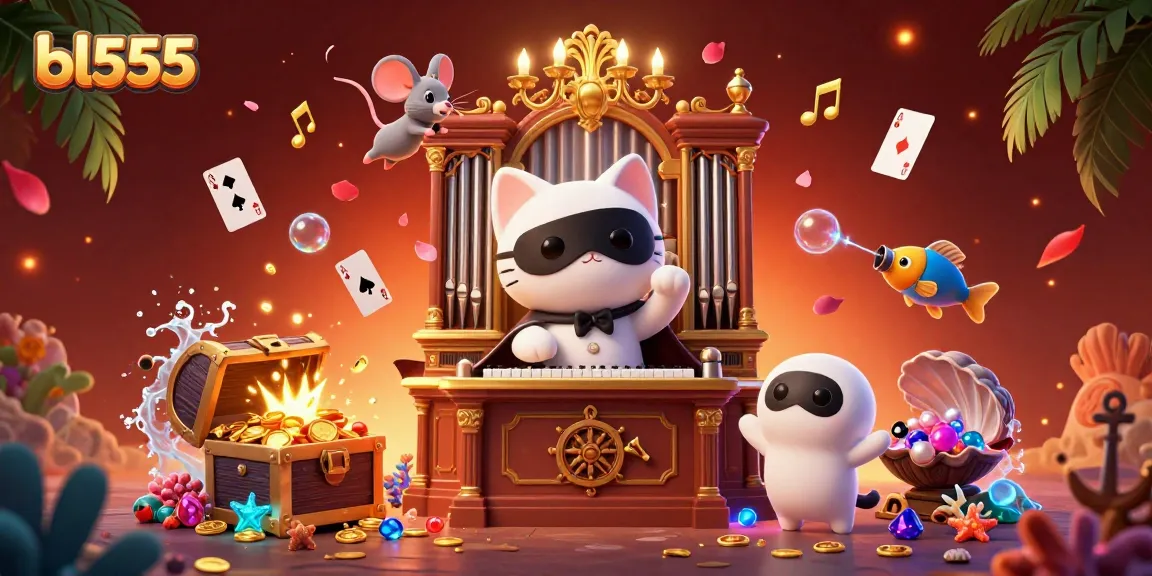 Engage with bl555's thrilling casino experience, featuring a dynamic 3D scene of animated gaming elements.