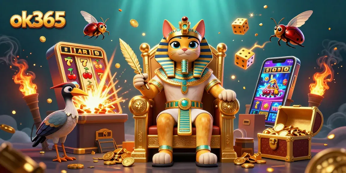 Experience thrilling slots and gaming excitement at ok365 with a cartoon pharaoh cat amidst jackpot rewards.