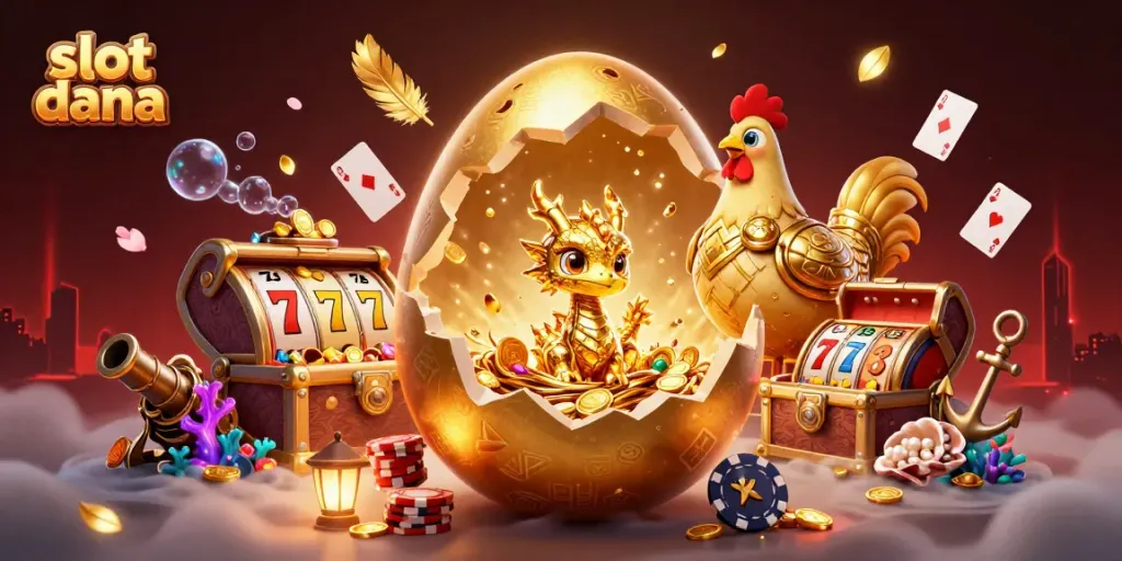 Memenangkan slot dana dengan simbol jackpot dan chip poker di ilustrasi kasino penuh warna dan detail.