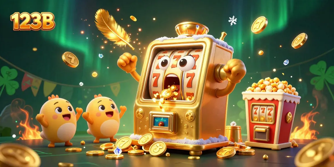 Winning with 123B's animated golden slot machine pouring coins while cheering baby slots celebrate.