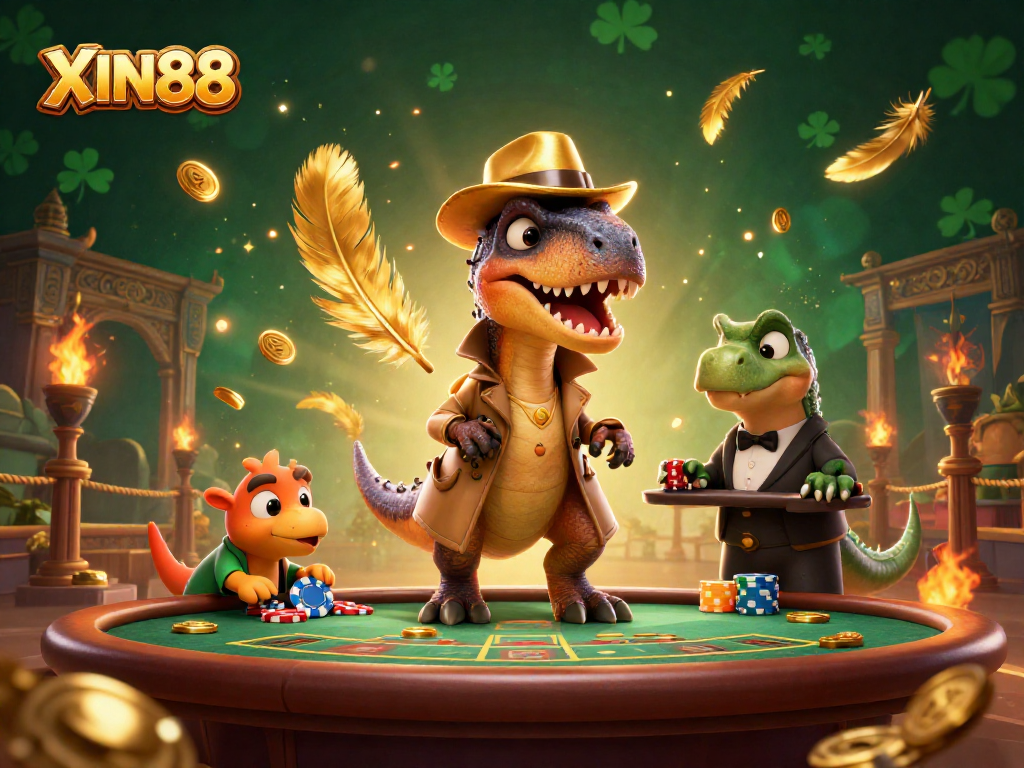XIN88 showcases a card-counting velociraptor at a blackjack table with a stegosaurus pit boss and a compy pickpocket stealing chips.