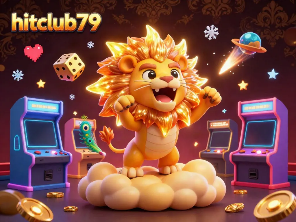 Experience thrilling wins at hitclub79 with a vibrant 3D casino illustration featuring playful characters, arcade machines, and golden dice.