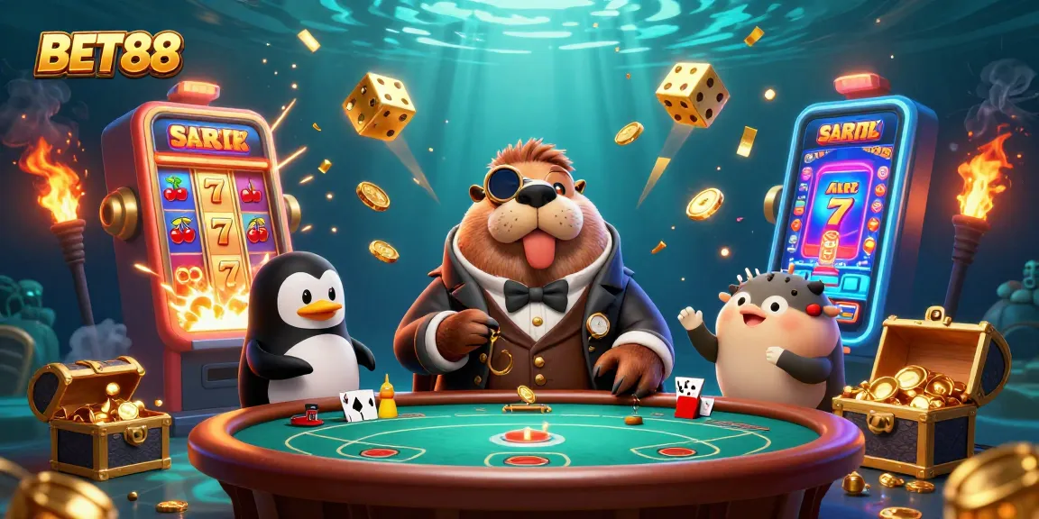 Engage in exciting slots with BET88's jolly walrus and penguin dealer at an underwater poker game.