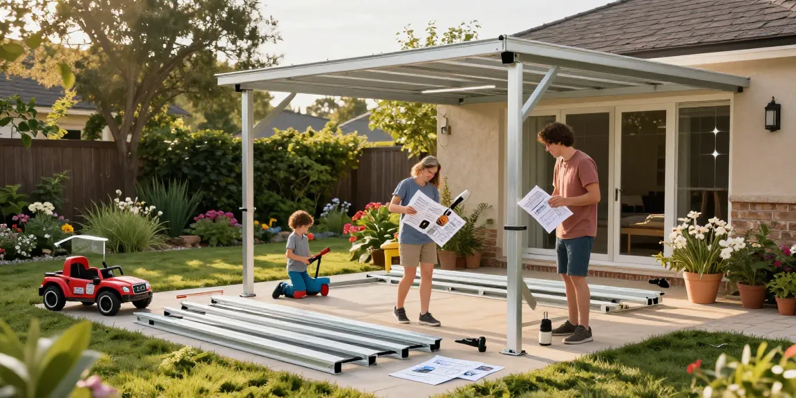 Familie baut gemeinsam einen Carport im Garten auf, fröhliche DIY-Momentaufnahme.
