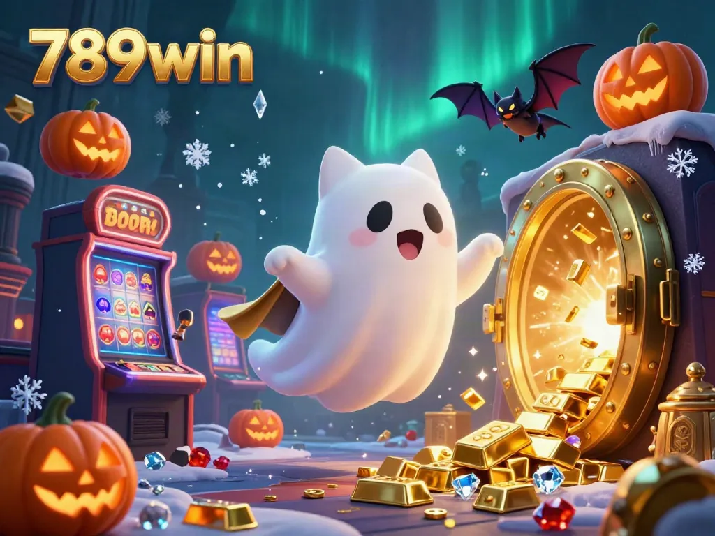 Engaging 789win ghost cat and vampire bat illuminate a haunted casino with treasures.