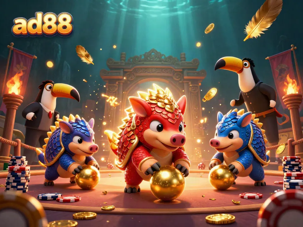 Ad88 enhances gaming excitement with cartoon pangolins bowling through poker chips in a vibrant casino.