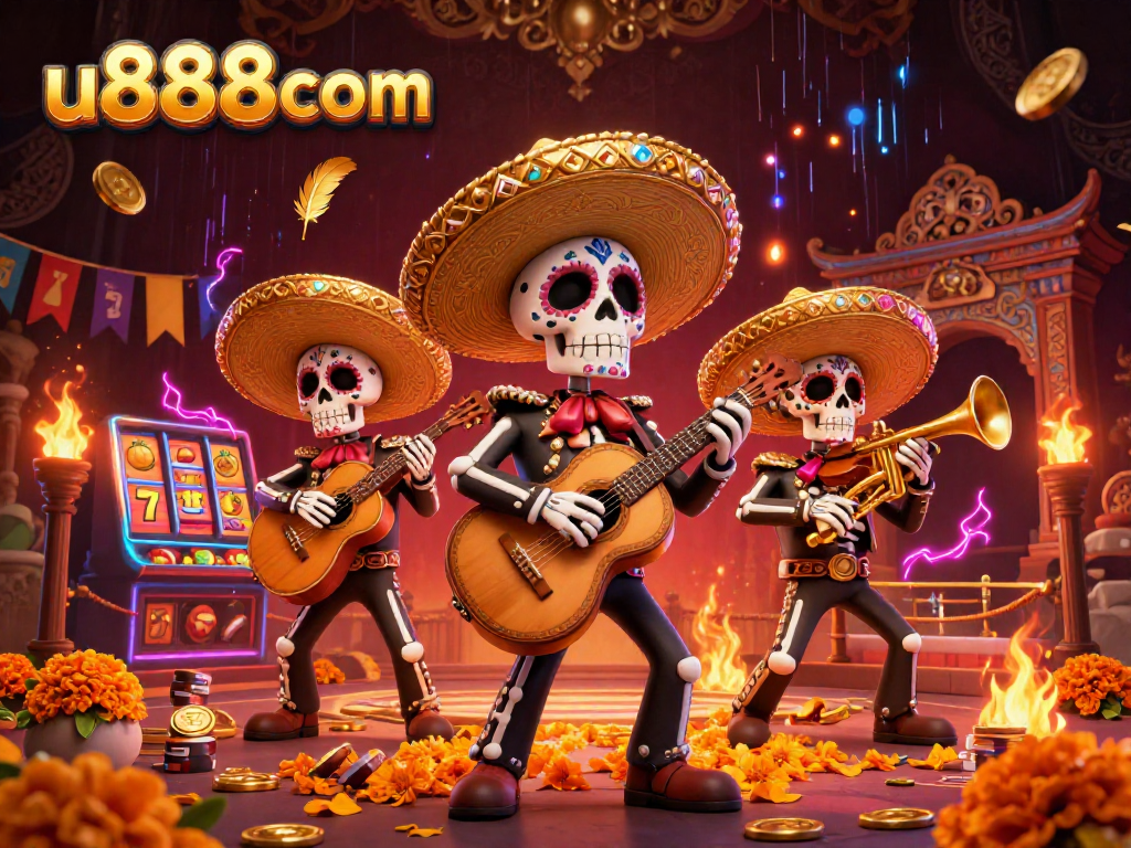 Engage with dynamic gaming at u888com featuring a vibrant 3D illustration of a skeleton mariachi band.