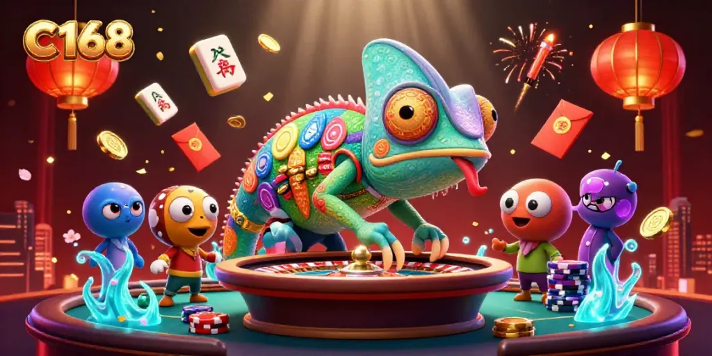 C168 chameleon casino owner engaging players at a live gaming table amidst colorful gaming elements.