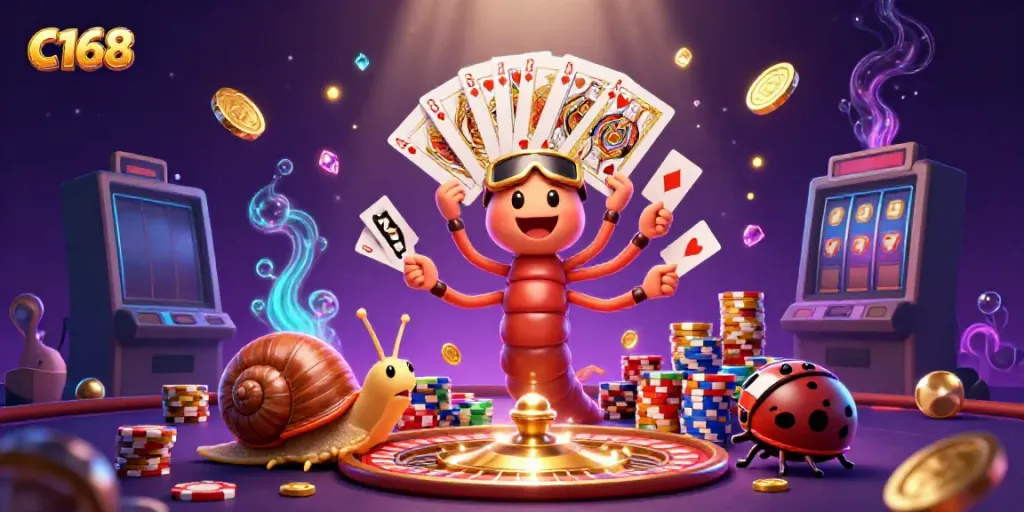 Experience C168 gaming excitement with 3D characters, dazzling casino elements, and vibrant colors.