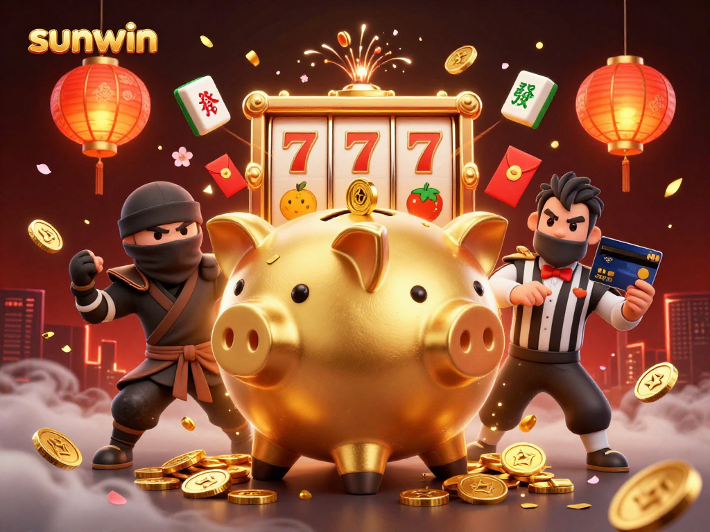 Engage with sunwin's vibrant illustration featuring a golden piggy bank sumo wrestler amidst dynamic casino action.