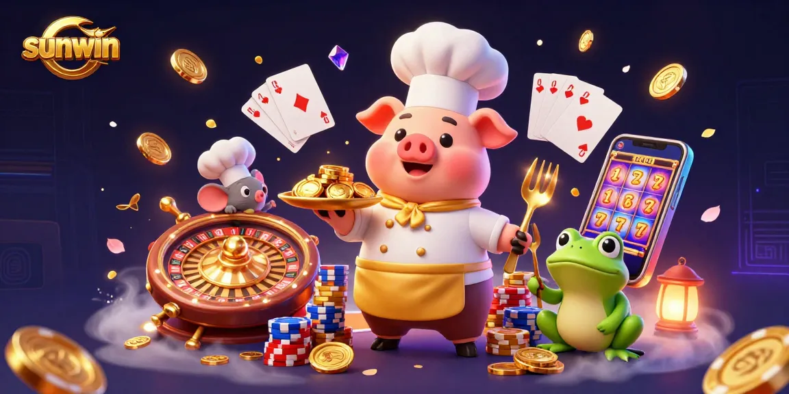 Experience sunwin excitement as a chef pig serves gold coins in a vibrant casino scene.