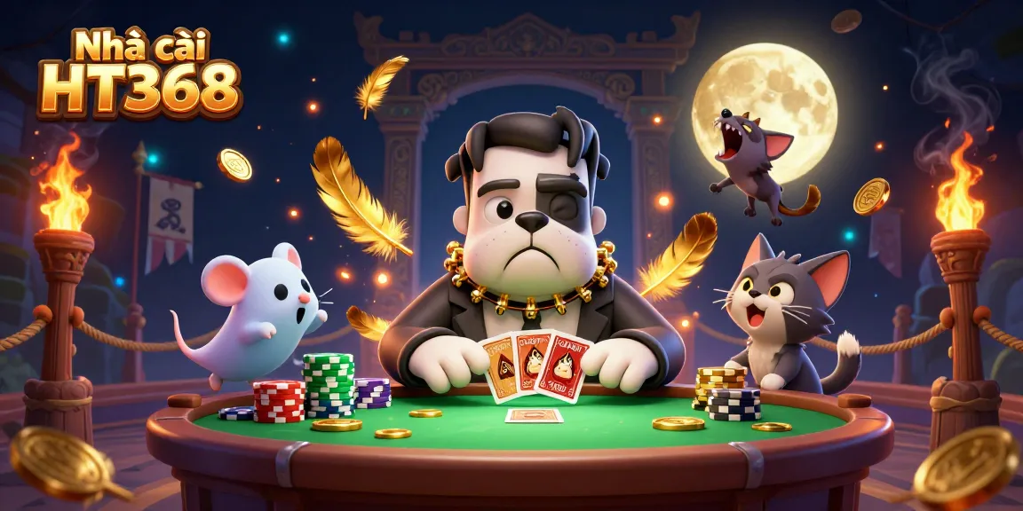 Playing cards dealt by Nhà cái HT368's Frankenstein bulldog monster at a spooky casino table