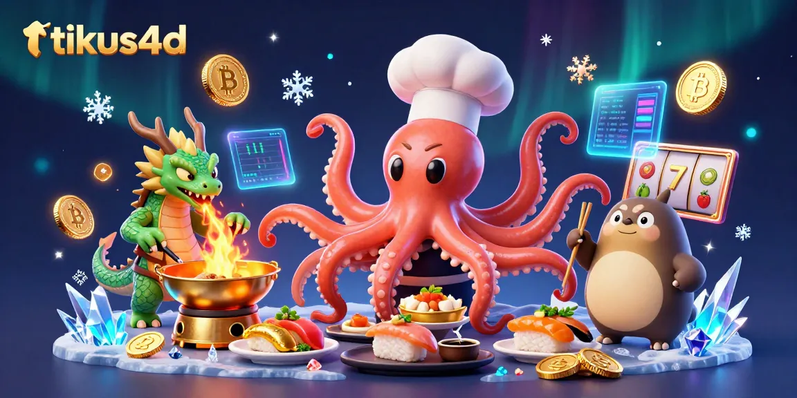 Engage with tikus4d's exhilarating atmosphere featuring a sushi chef octopus and dragon in a rich casino setting.