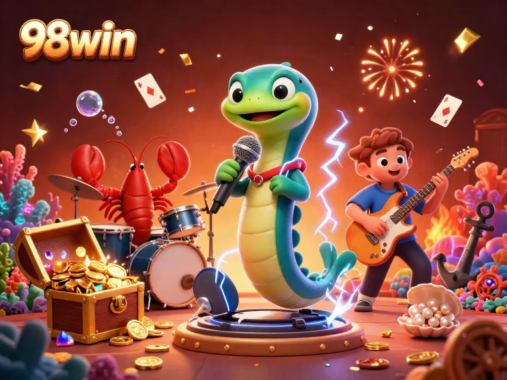 Experience thrilling action at 98win with electric eel DJ and casino games amidst colorful underwater treasures.