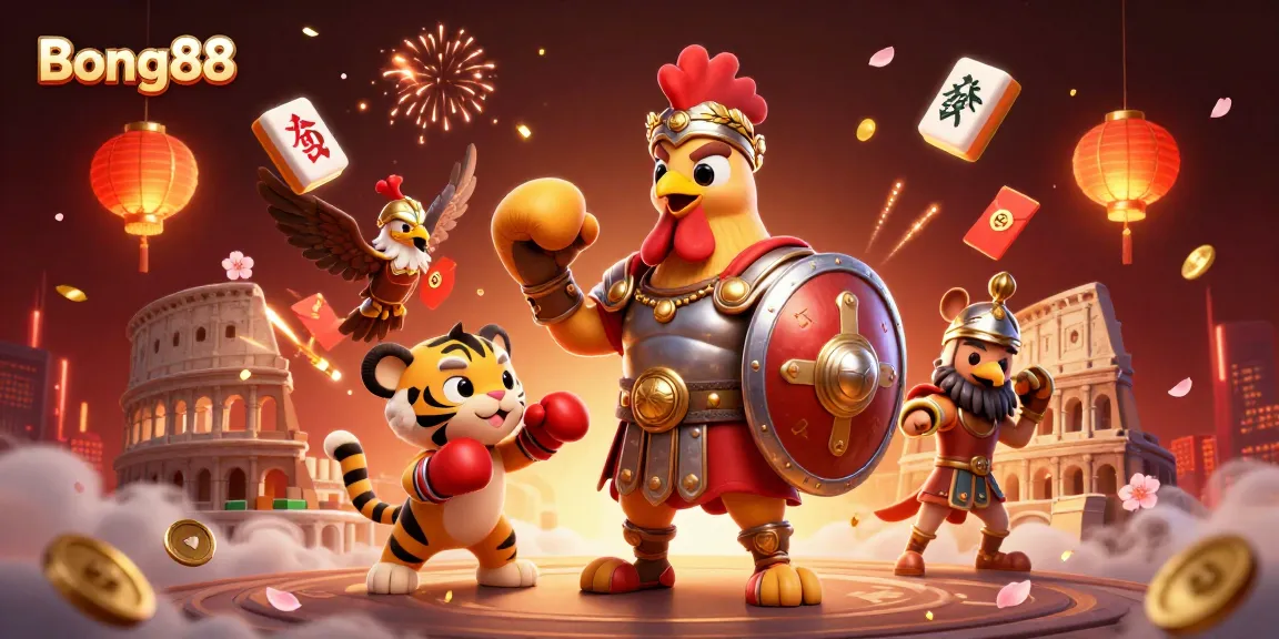 Bong88 features a dynamic 3D scene with a gladiator rooster, tiger cub, and eagle amidst casino elements.