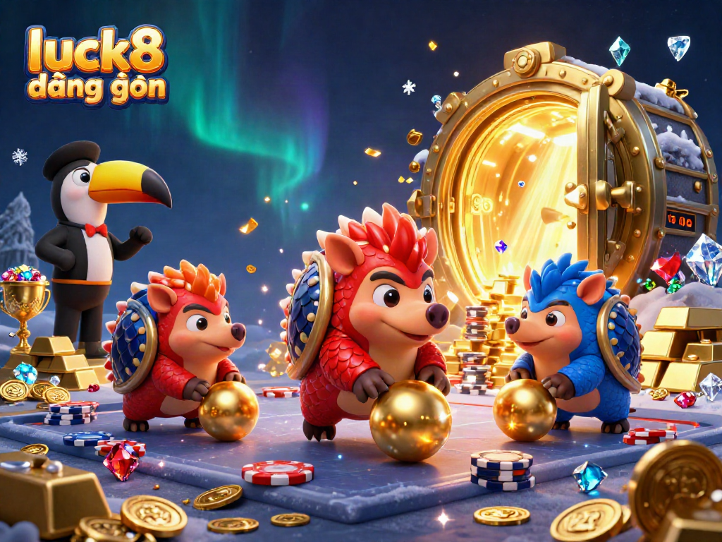 Competitive pangolins in colorful armor roll golden balls in a vibrant casino scene promoting luck8 đăng nhập.