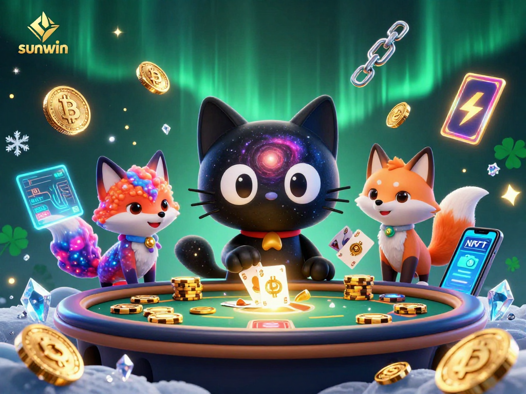 Engage with sunwin in a vibrant cosmic casino featuring a black hole cat and nebula fox.
