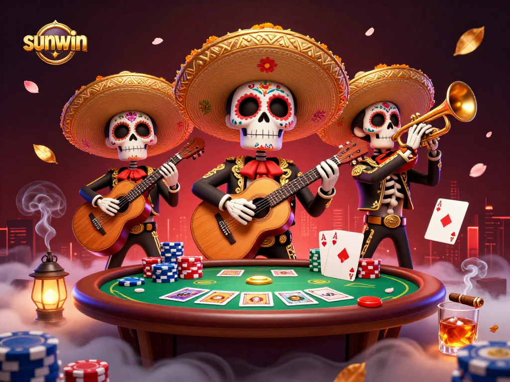 sunwin presents a vibrant mariachi band at a poker table with colorful chips, showcasing lively casino action