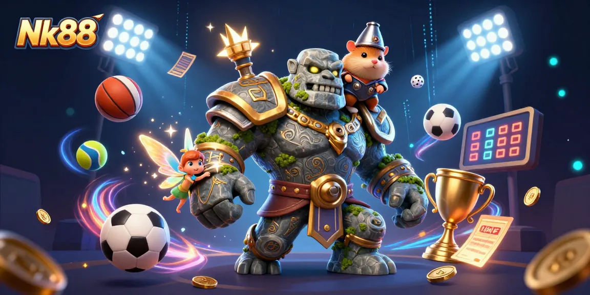 Experience thrilling action with Nk88 as a golem guardian and hamster knight playfully capture excitement in gambling.