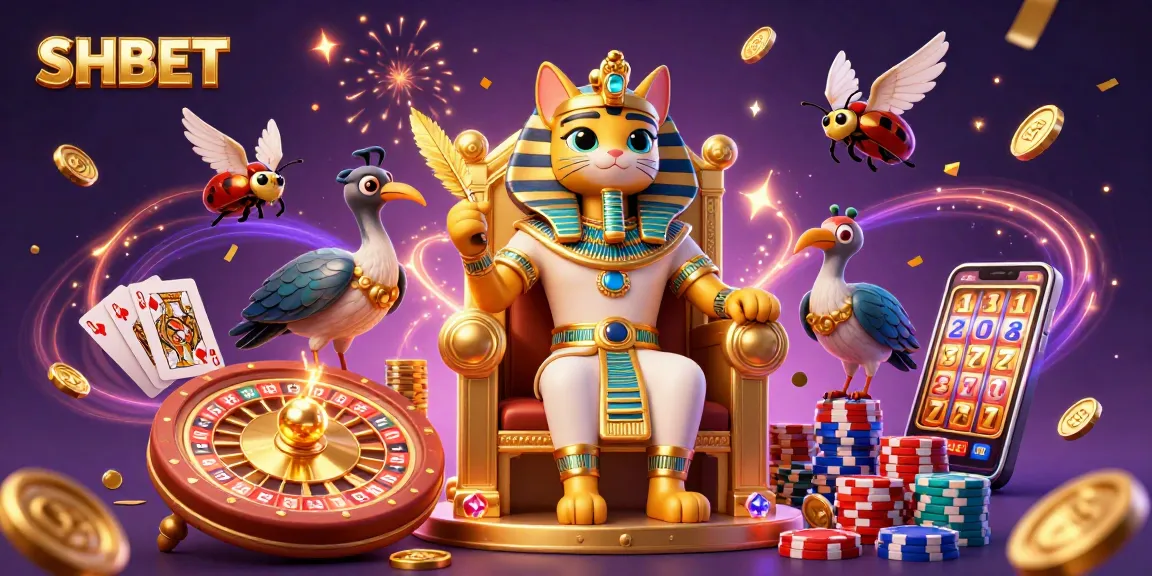 Win big with SHBET at the casino, featuring vibrant games, royal symbols, and dynamic celebrations.