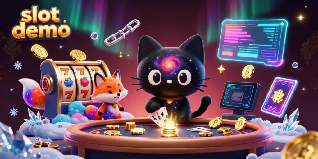 Slot demo permainan slot dengan karakter kucing dan rubah di kasino kosmik menarik chip emas.