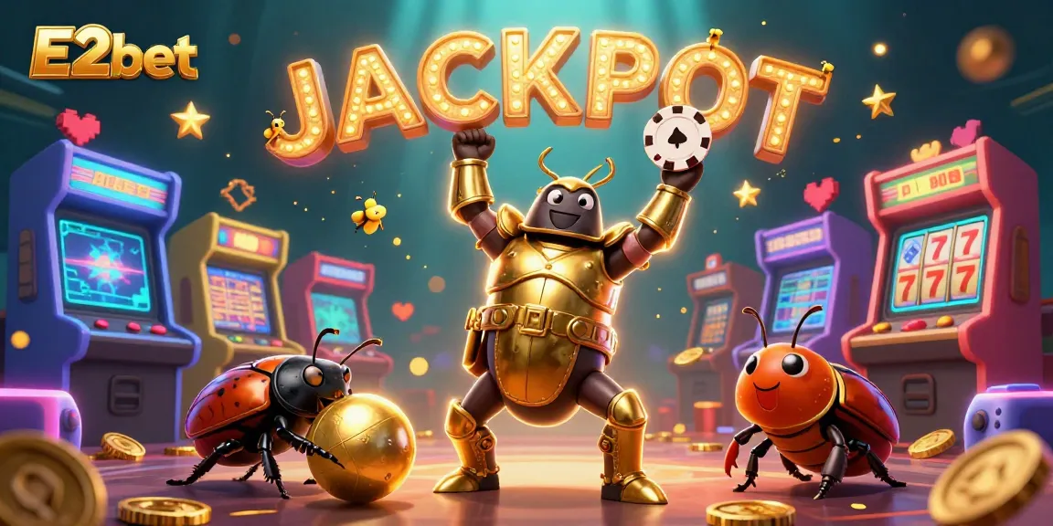 Experience the thrill of E2bet with a victory scene featuring a hercules beetle celebrating a big win surrounded by casino elements.
