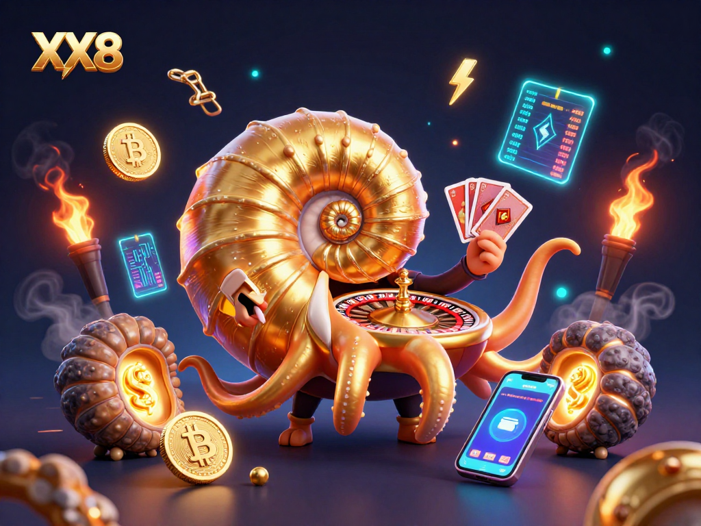 Play and win at XX8 with a vibrant nautilus roulette wheel and glowing crypto symbols.
