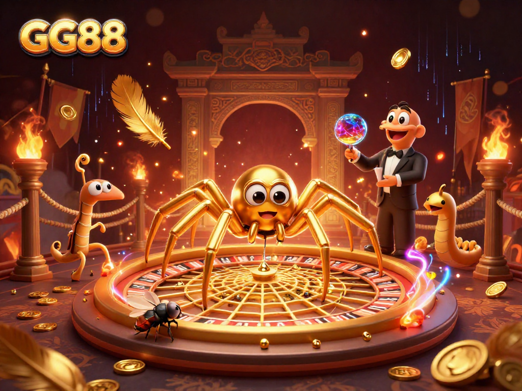 Experience interactive betting with GG88's lively casino illustration featuring a quirky golden spider and a centipede croupier.