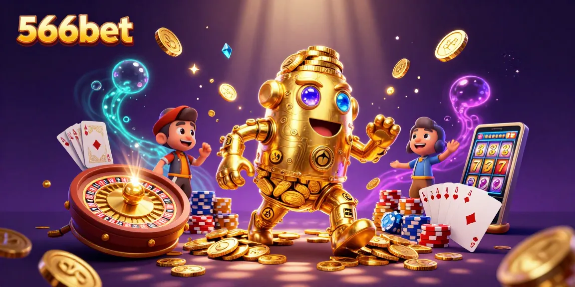 Engage with 566bet's golden golem amidst dazzling casino elements in this vibrant 3D illustration.