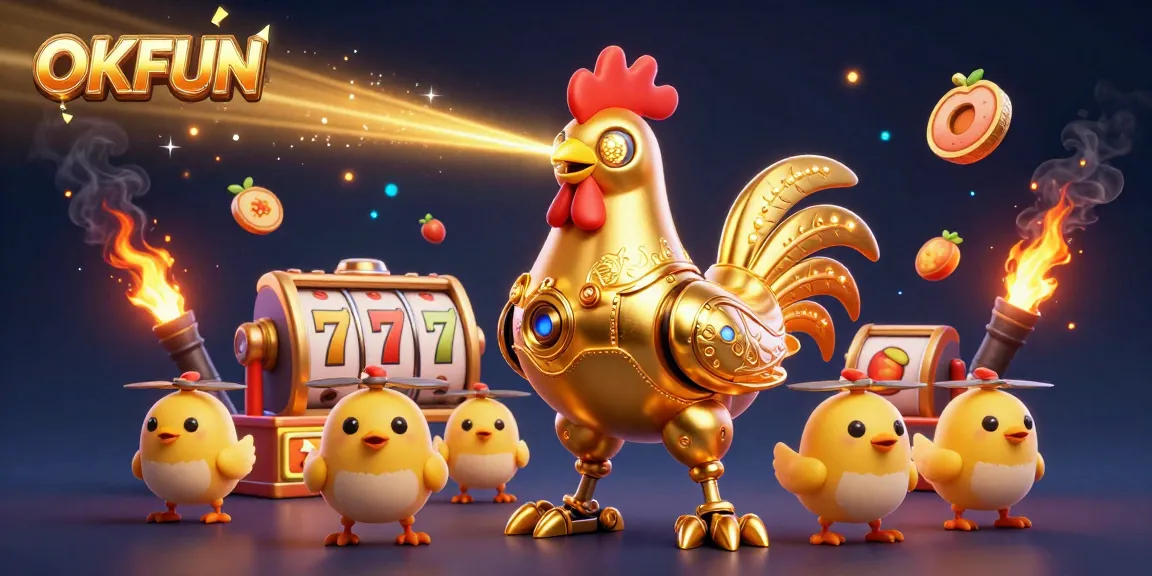 OKFUN offers exciting gameplay with a futuristic golden rooster robot and vibrant casino symbols.