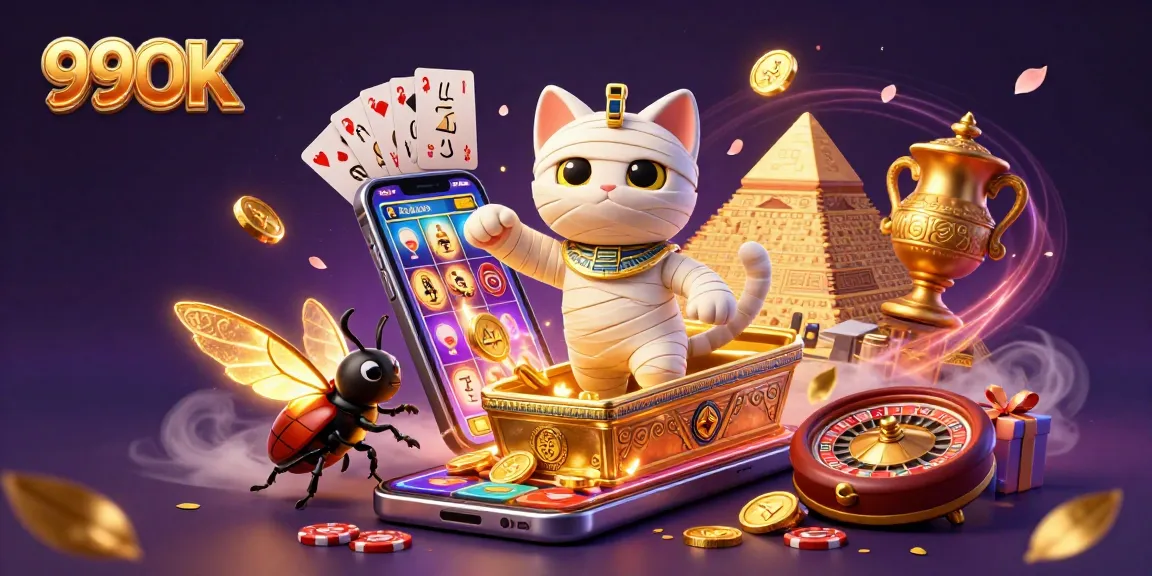 Experience thrilling gameplay with 99OK's vibrant casino scene featuring a mummy cat and gaming icons.