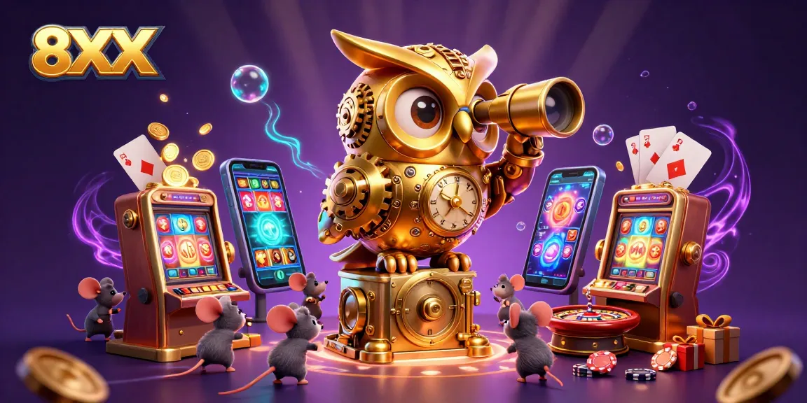 Experience the excitement of 8XX with vibrant casino action, featuring an owl, mice, and dynamic slot games.