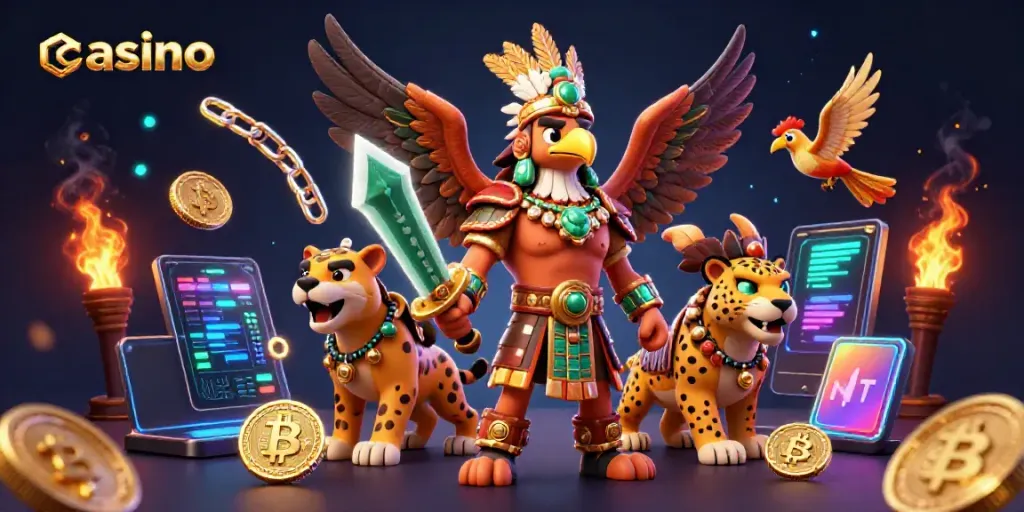 Engage in casino excitement with a vibrant scene featuring ancient warriors, crypto coins, and dynamic betting elements.