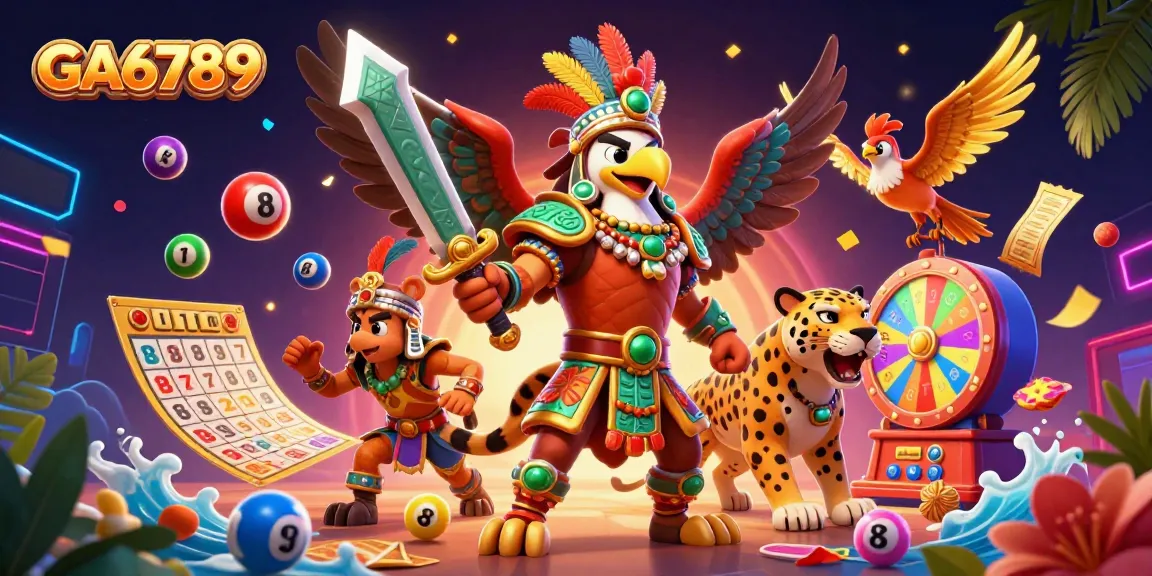 Engage with GA6789's vibrant gaming scene featuring colorful lottery elements and dynamic Aztec characters.