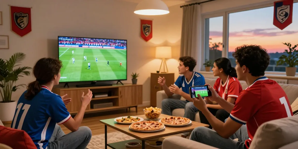 IHD Sports الرسمي live football match viewing scene with friends in a cozy living room filled with team jerseys and snacks.