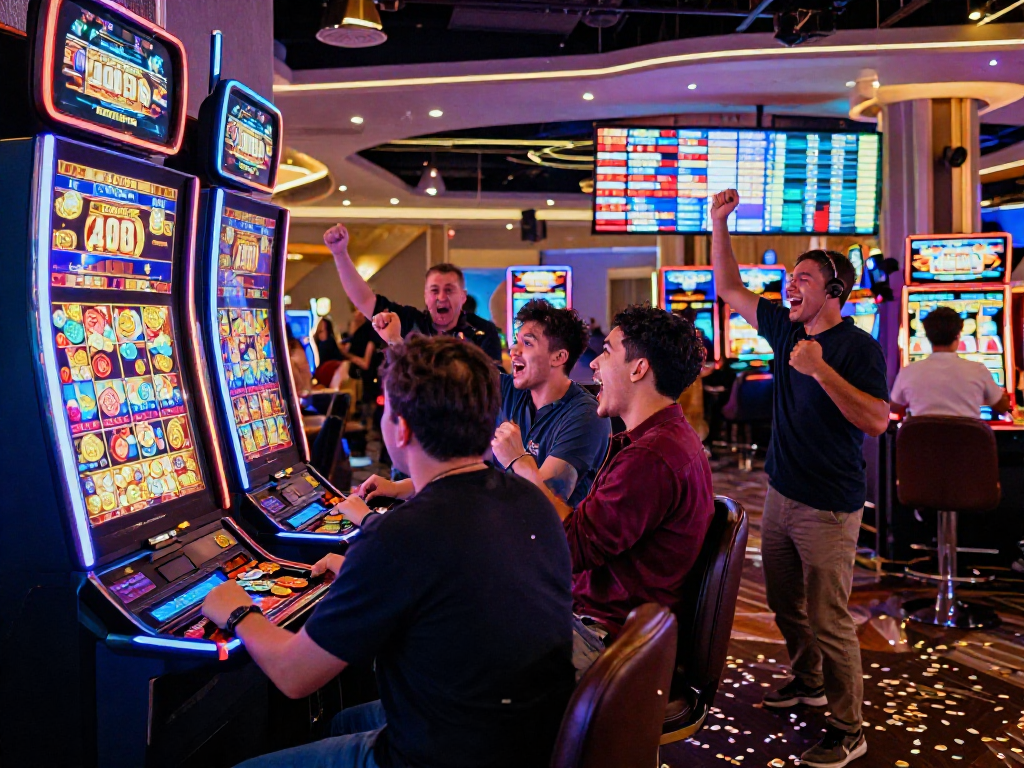 Players celebrating a slot jackpot win with colorful tokens and vibrant casino atmosphere.