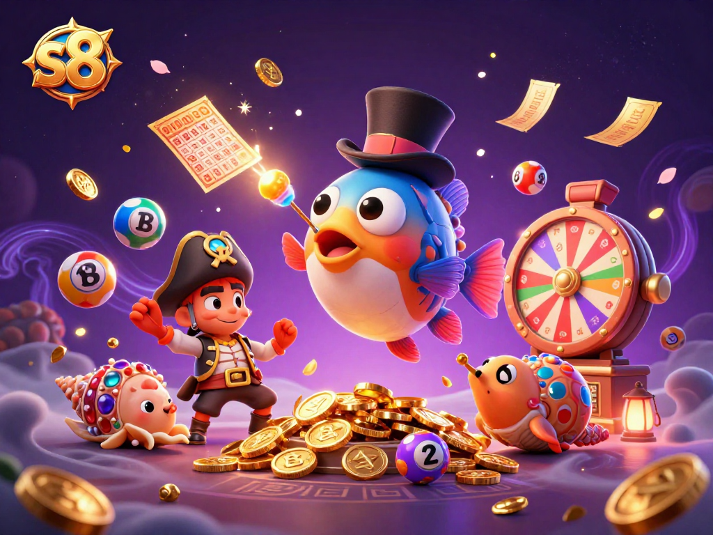 Experience thrilling wins with the s8 online casino, featuring vibrant lottery elements and characters.