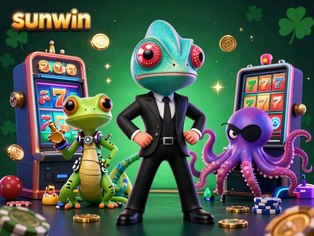 Experience gaming excitement with sunwin's vibrant slot machines and animated characters in a dynamic casino scene.