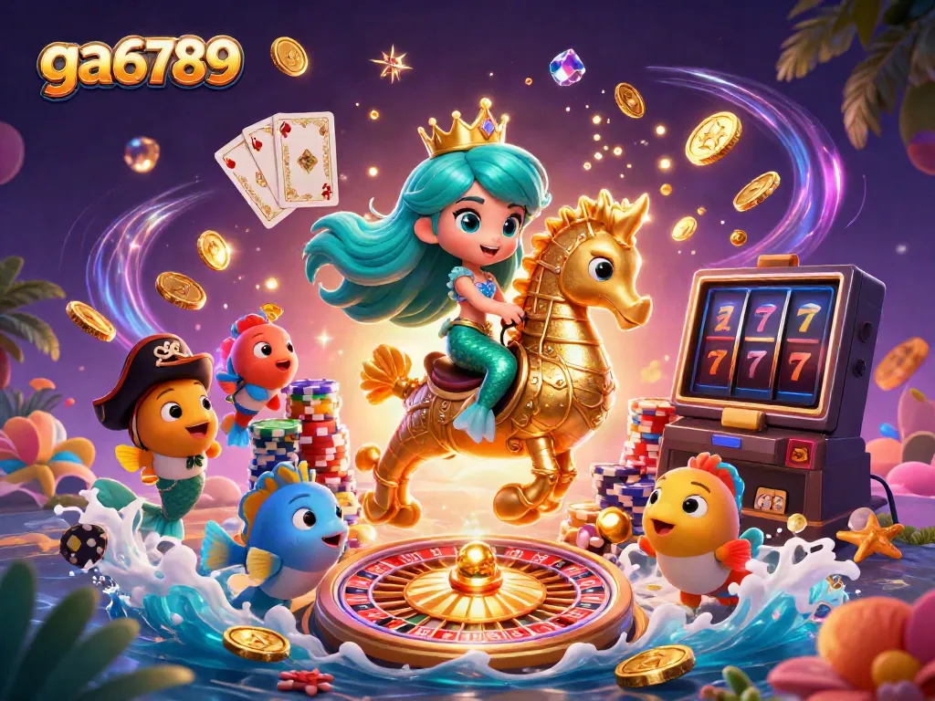 Engage with ga6789's vibrant online gaming scene featuring colorful characters and dynamic casino elements.
