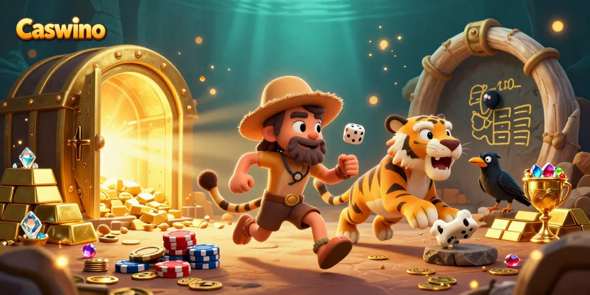 Experience Caswino's vibrant atmosphere with a dynamic casino scene featuring cavemen and treasures.