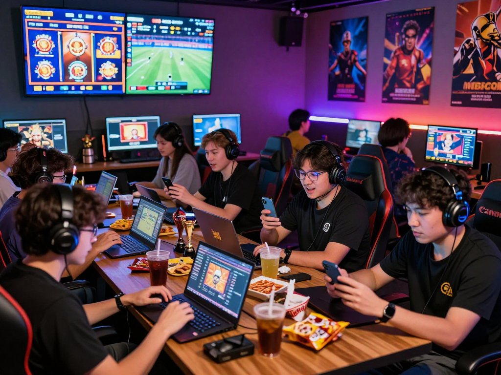 Players enjoying situs raja328's online gaming experience in a vibrant lounge atmosphere.