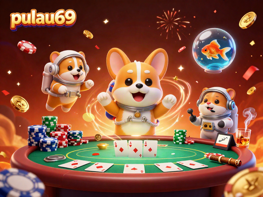 Experience pulau69 in a vibrant casino scene with floating characters and dynamic gambling elements