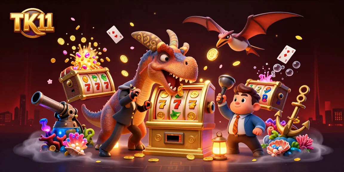 TK11 players engage with dynamic casino action as a pachycephalosaurus operates a golden slot machine.