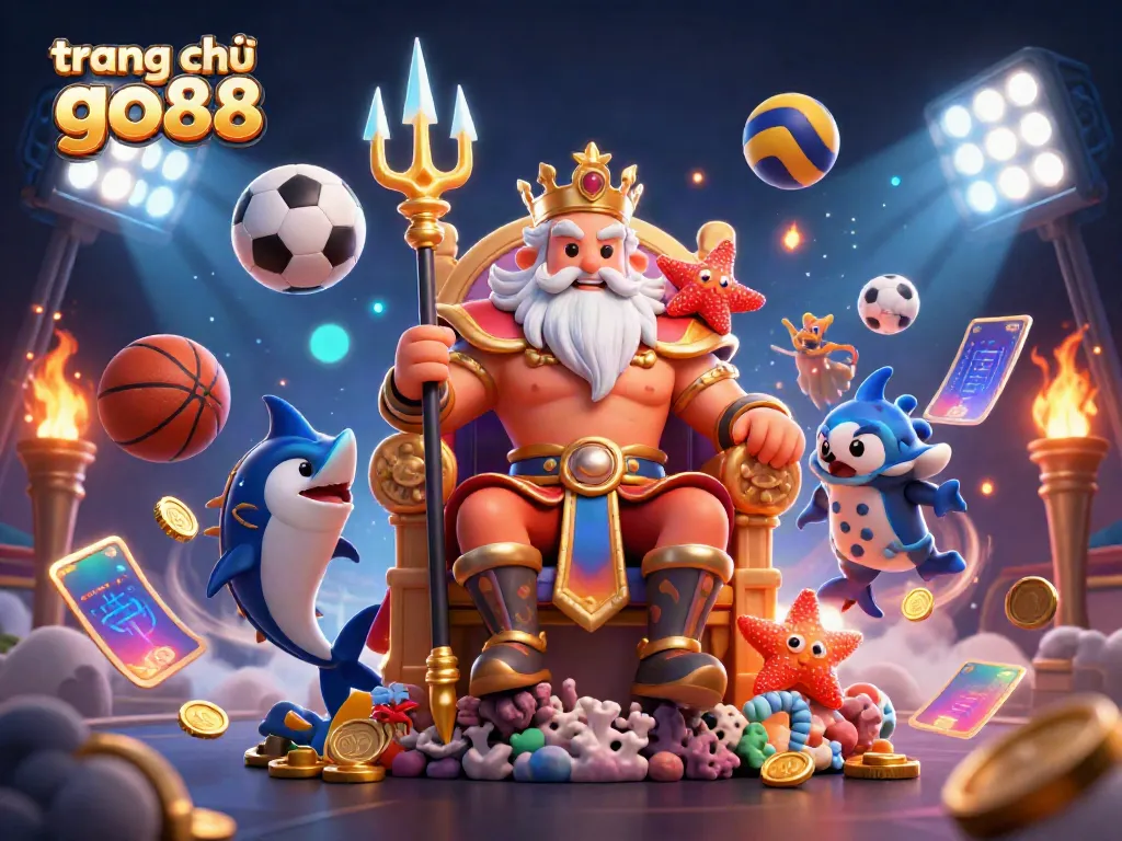 Experience winning opportunities at trang chủ go88 with Neptune, sports balls, and golden trophies in a vibrant casino scene.
