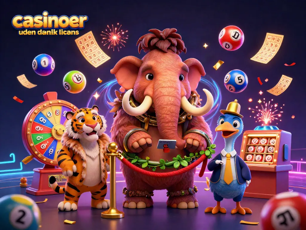 Engaging scene of casinoer uden dansk licens featuring a woolly mammoth bouncer, saber-tooth tiger VIP, and a dodo bird doorman.