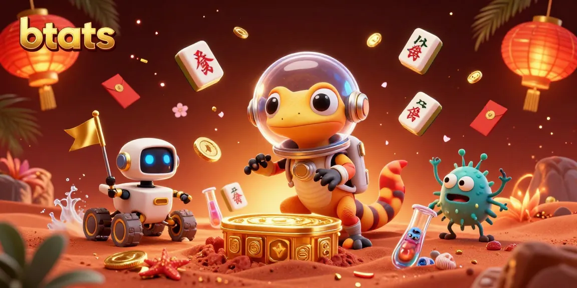 Engage with btats in this vibrant illustration of a Martian gecko finding a golden casino in a desert.