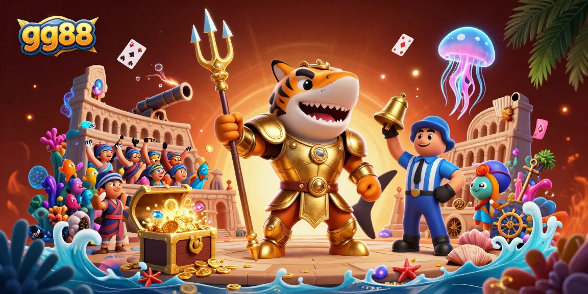 Engage with exciting games and promotions at gg88, featuring an underwater showdown with a golden tiger shark.